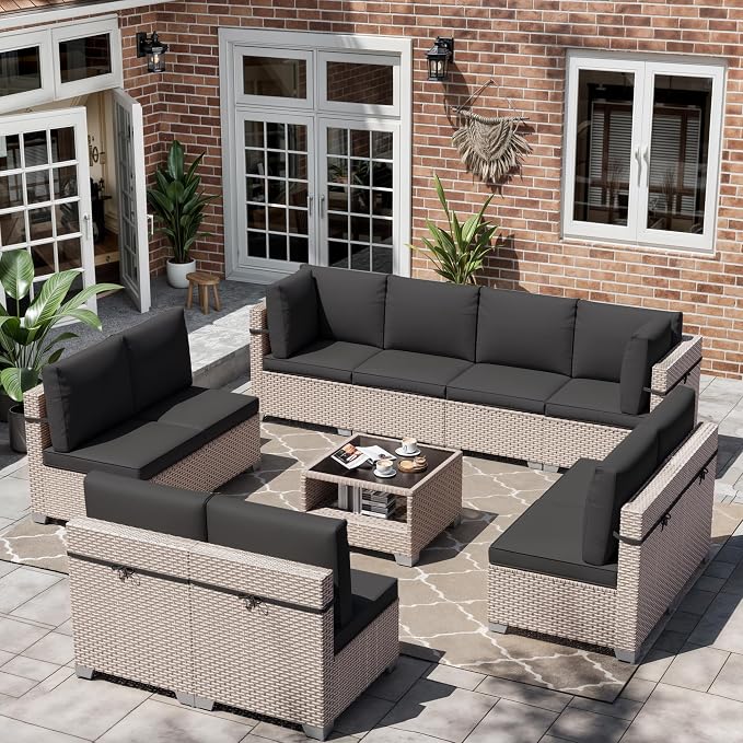 11 Pieces Patio Furniture Set, Outdoor Sectional Wicker Sofa with Thick Cushions and Storage Coffee Table, Rattan Patio Conversation Sets for Deck Garden Poolside, Black
