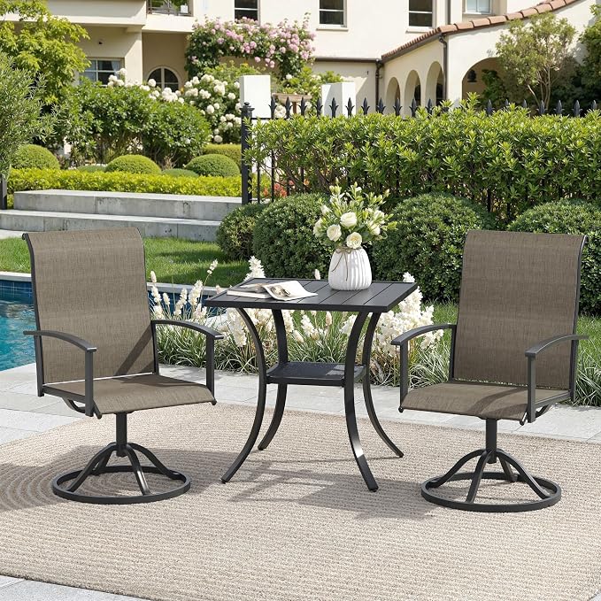 3 Pieces Outdoor Patio Dining Bar Set, 27.6" All Weather Square Metal Slatted Table with Storage Shelf and 2 High Back Textilene Swivel Chairs for Garden, Lawn, Black Table & Brown Chairs