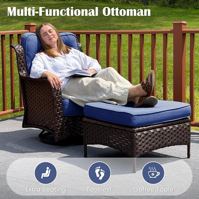 Sundale Outdoor 5 Piece Patio Furniture Set with Ottoman, Wicker Outdoor Swivel Chairs with 6" Cushions, High Back Rattan Patio Conversation Sets with Deep Seating for Porch, Yard (Blue)