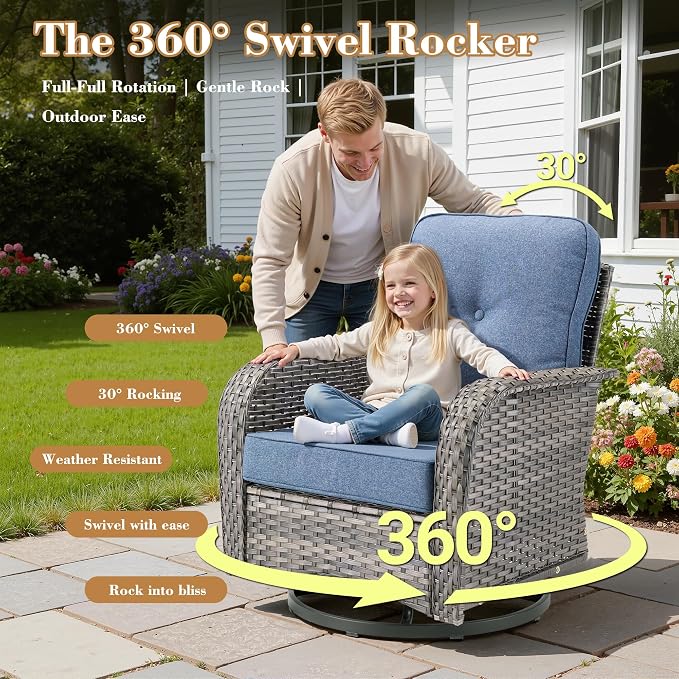 3 Pieces Patio Furniture Set, High Back Outdoor Swivel Rocker Chairs, Wicker Outdoor Furniture with Swivel Rocking Chairs and Side Table for Porch, Backyard, Balcony, Denim Blue