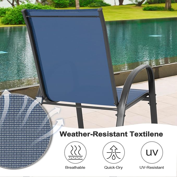 NUU GARDEN 5 Piece Patio Dining Set, Metal Outdoor Table with 31.5" Square Table and Umbrella Hole, 4 Stackable Chairs, Patio Furniture for Lawn Balcony Garden, Blue and Black