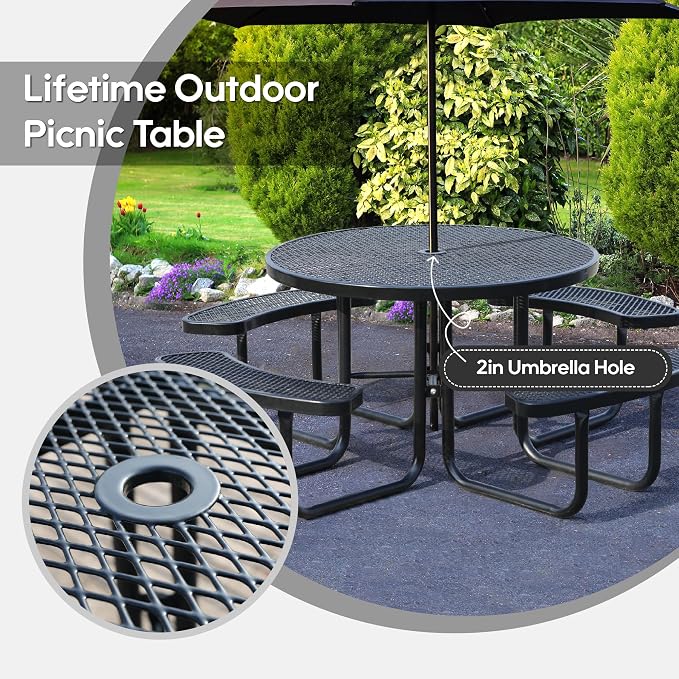 46" Round Picnic Tables for Outdoors,Commercial Metal Picnic Table Bench Set W/ Umbrella Hole,Restaurant School Canteen Tables W/Seats - Heavy Duty Sturdy Picnic Tables for Patio Garden Coffee Shop