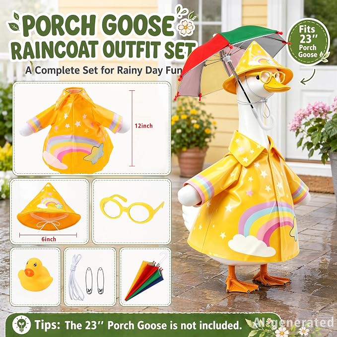 SIQUK Raincoat Porch Goose Outfits Raincoat Goose Clothes Fits 23" Statue | Raincoat Porch Goose Costume, Waterproof Goose Statue Clothes, With Hat Glasses Umbrella, All-Season Outdoor Decor