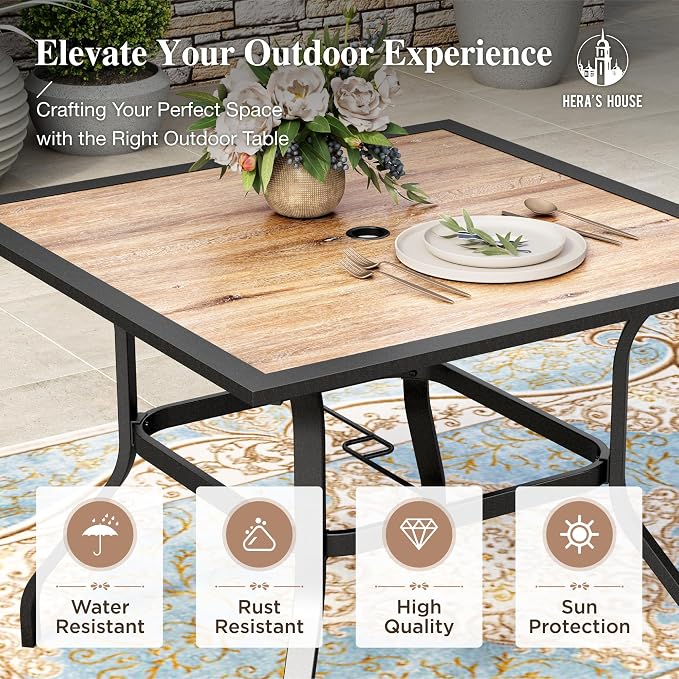 HERA'S HOUSE Patio Dining Set for 4, Wood-Look Metal Table, Brown Chair | 37" outdoor square table + textilene chairs, All-weather, rust-resistant for Lawn Garden Backyard