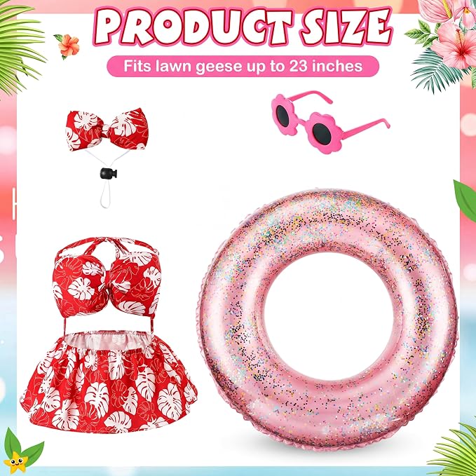 Bikini Porch Goose Outfits with Sunglasses and Swimming Tube for 23" Summer Goose Costume Garden Patio Statue Decor(Hot Pink Monstera)