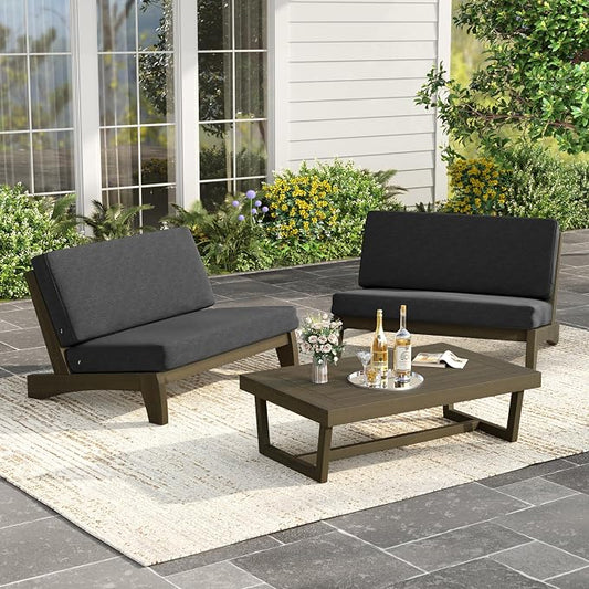 Wood Patio Furniture Sets, 3 Pieces All Weather Patio Loveseat Sofa Outdoor Sectional Futniture Backyard Conversation Set with Solid Wooden Coffee Table - Dark Gray