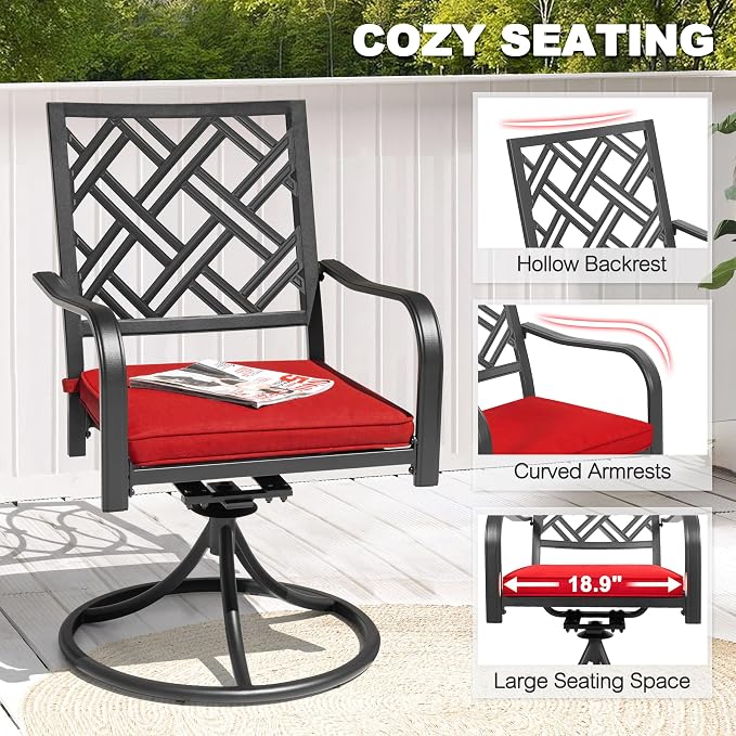NUU GARDEN 5 Piece Outdoor Patio Dining Set, 37 Inch Square Table with 1.6" Umbrella Hole and 4 Swivel Chairs with Removable Cushions, for Backyard Deck Garden, Black and Red