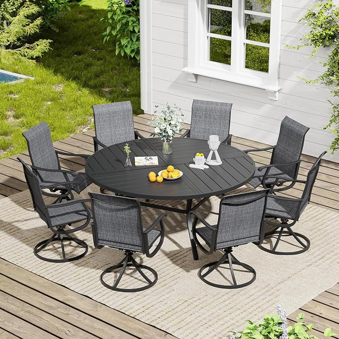 VICLLAX 60" Round Outdoor Table, Patio Dining Table for 8-10 with Umbrella Hole for Garden Lawn Deck Backyard, Black