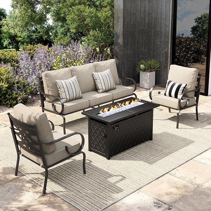 Sophia & William Patio Conversation Set for 5, 3-Seater Sofa, 2 Fixed Chairs and a 45" Fire Pit Table, Metal Outdoor Furniture with 5.75" Extra Thick Cushions, Beige