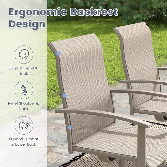 VICLLAX 9 Pieces Patio Outdoor Dining Set, 8 Swivel Textilene Chairs and 63" Round Metal Table with Umbrella Hole for Porch, Deck, Garden, Sandshell
