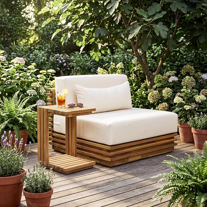 Merax Oversized Outdoor 2-Piece Chat Set with Club Chair & Side Table, Acacia Wood Frame, Natural Finish with Beige Cushions for Patio & Garden