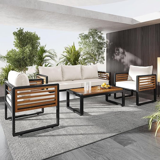 4-Pieces Outdoor Furniture Sofa for 5 Person Conversation Set, Garden Sofa Set with Removable Cushion, Metal and Wood Frame Sofa Set, Thick Cushions, Acacia Wood Tabletop, Beige