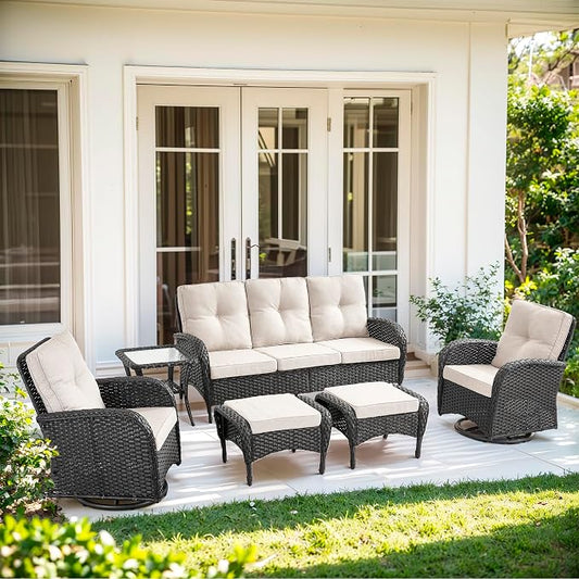 6 Piece Patio Furniture Set - Wicker Patio Conversation Set with Swivel Glider, 3-Seater Sofa, Tempered Glass Side Table and 2 Ottomans for Deck Backyard - Black Wicker Beige Cushion