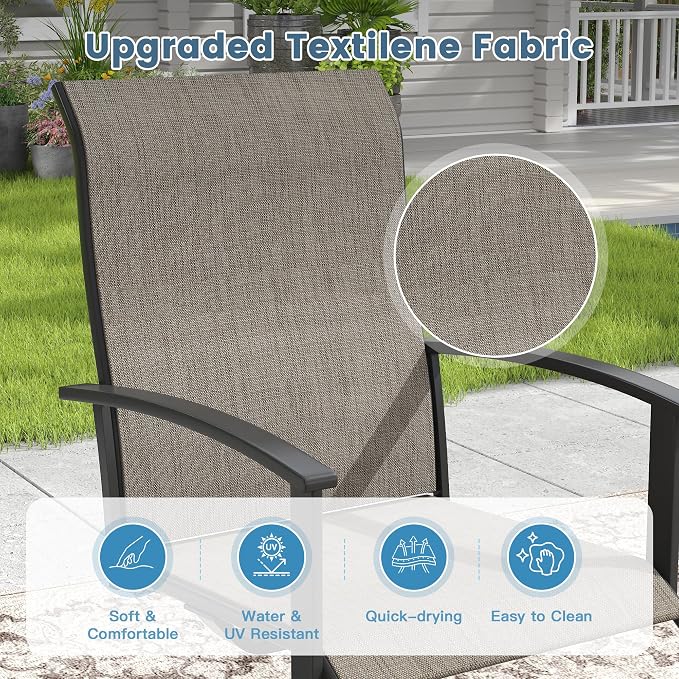 DIFY 7 Pieces Outdoor Dining Set for 6, 53" Walnut Round Metal Table with Umbrella Hole and Brown Textilene Swivel Patio Chairs, Patio Table and Chairs Set for Garden, Backyard, Poolside