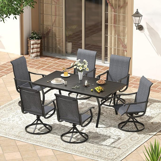VICLLAX 7 Pieces Patio Outdoor Dining Set, 63" Outdoor Rectangular Metal Table with Umbrella Hole and 6 Stackable Textilene Chairs for Patio, Lawn, Garden, Porch, Black/Dark Grey