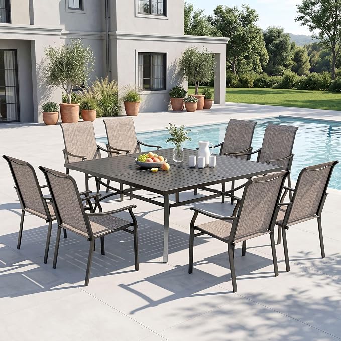 Sophia & William Patio Dining Set for 8, Square Metal Table & Sling Chairs | 9 piece, Weather-resistant, Durable, Breathable & quick-drying, Umbrella hole, Outdoor deck backyard