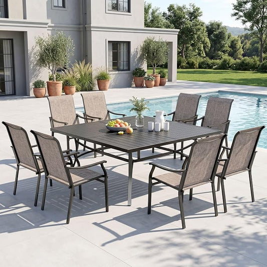 Sophia & William Patio Dining Set for 8, Square Metal Table & Sling Chairs | 9 piece, Weather-resistant, Durable, Breathable & quick-drying, Umbrella hole, Outdoor deck backyard