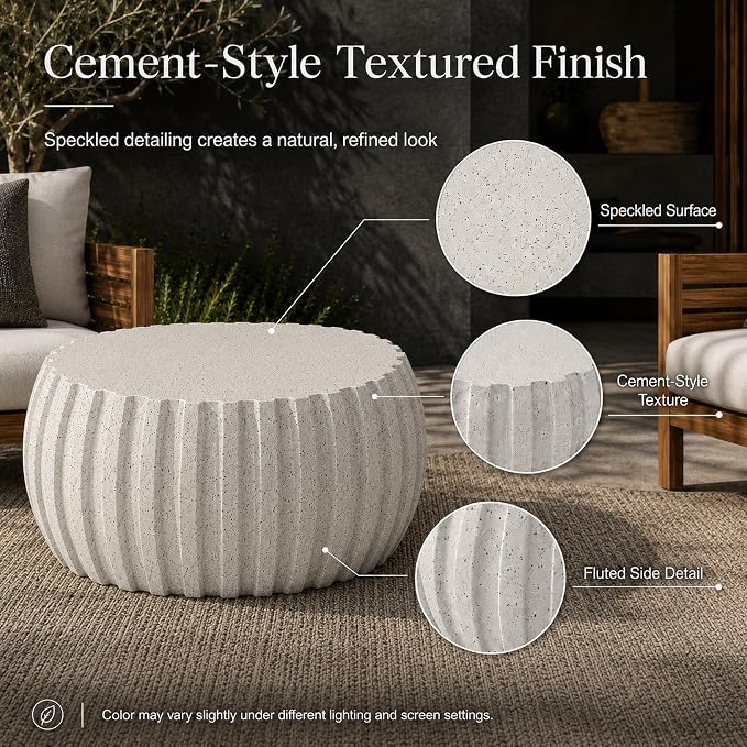 35.43" Round Outdoor Coffee Table - Waterproof MgO Cement Design, Durable Concrete Coffee Table for Patio, Garden, Living Room