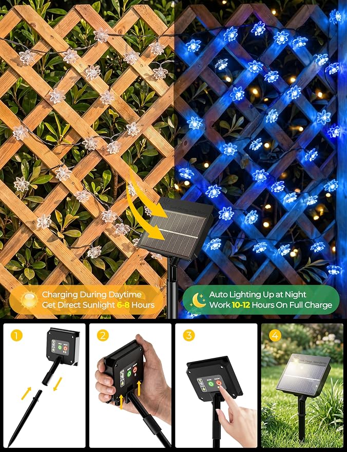 Brightown 50 LED Flower Solar String Lights Outdoor Waterproof, Blue | Solar Powered Fairy Lights with 8 Modes for Garden Fence Yard Patio Christmas Tree Party Wedding Decor