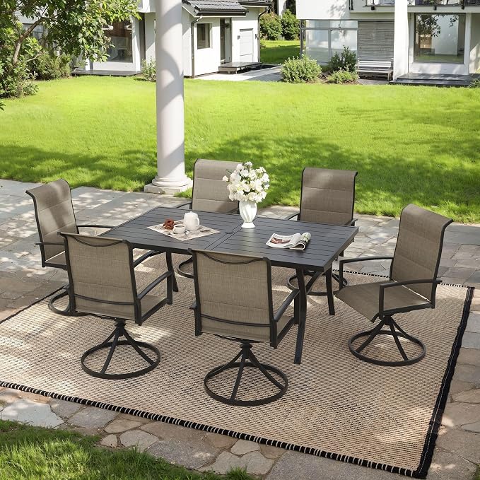 VICLLAX 7 Pieces Outdoor Dining Set, Patio Furniture Set Includes 63" Rectangular Metal Table W/ 1.9" Umbrella Hole and 6 Padded Textilene Swivel Chairs for Porch, Lawn, Garden, Backyard