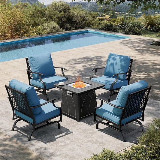 HERA'S HOUSE 5 Pcs Patio Furniture Set with Fire Pit Table, 4 x Thick Cushioned Rocking Chairs, 1 x 28 Fire Pit Table (50,000 BTU), Conversation Set for Garden Backyard Lawn, Navy Blue