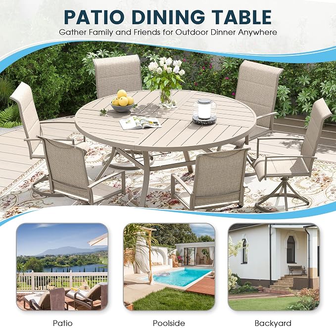 Patio Dining Table for 6-8, Round Metal Outdoor Table with Storage Shelf, 1.57" Umbrella Hole, 53" Outdoor Quartered Tabletop Dining Table for Backyard, Porch, Lawn, Sand