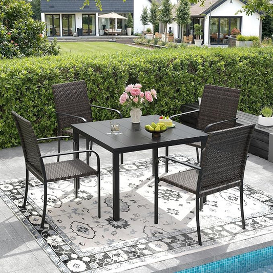 DIFY 5 Piece Outdoor Dining Set for 4, 40.2" Black Square Metal Dining Table with Umbrella Hole and Stackable Wicker Patio Chairs, All-Weather Patio Table and Chairs Set for Deck Garden Backyard