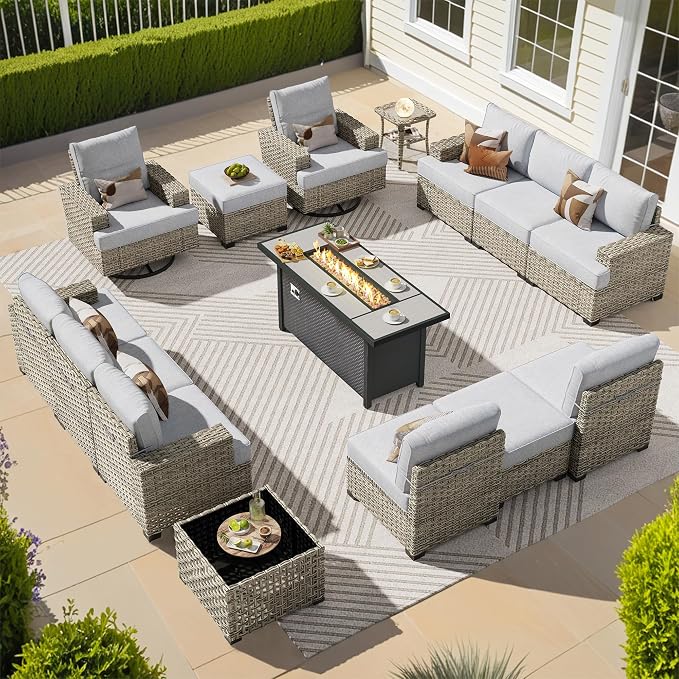 CAODOC 15-Piece Outdoor Sectional Sofa Set w/ 54" Fire Pit – L-Shaped Wicker Patio Furniture, Deep Seating & Swivel Rockers, Grey