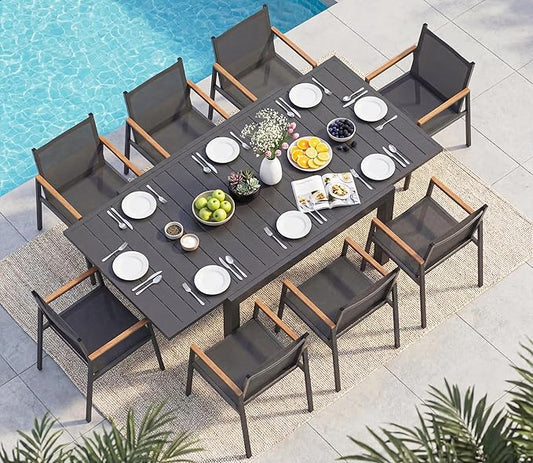 Aluminum Outdoor Patio Dining Table Set for 8 Person, Expandable Outdoor Table and 8 Chairs with Textilene Fabric & HDPS Armrest, All-Weather Patio Furniture Set for Yard, Deck, Gray