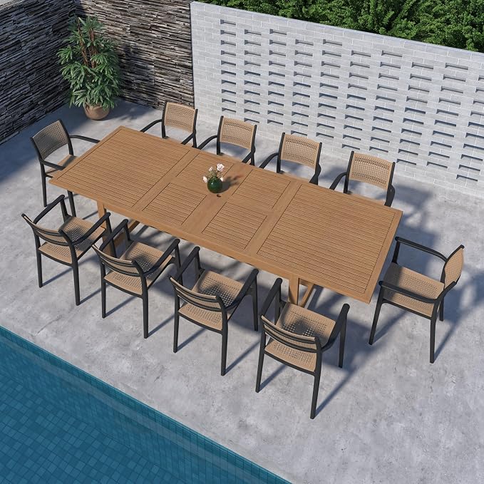 Urban Elements Duete 11-Piece Rectangular Extendable Patio Furniture Set | 100% Certified Teak Finish | Backyard Furniture, Outside Table and Chairs, Rectangular Outdoor Dining Set