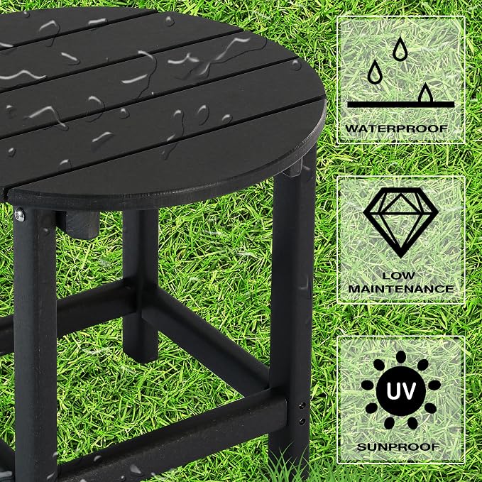 LZRS Round Adirondack Patio Side Table End Table, Outdoor Side Tables for Patio, Backyard,Pool, Indoor Companion, Easy Maintenance & Weather Resistant(Black)