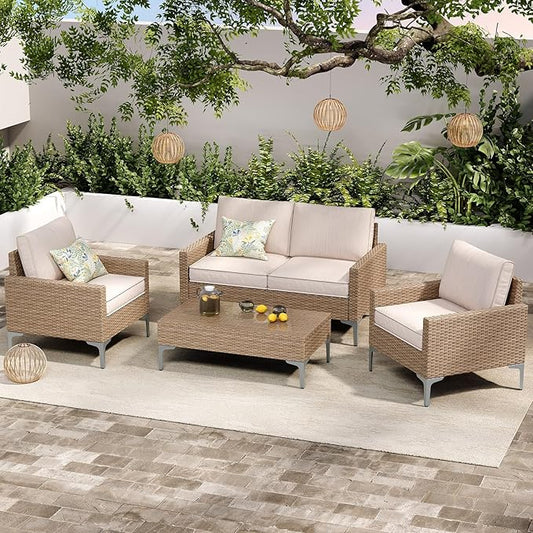 4-Piece Patio Furniture Set, Outdoor Wicker Sectional Sofa with Coffee Table, Anti-Slip & Thick All-Weather Cushions for Garden, Poolside, Backyard, Beige