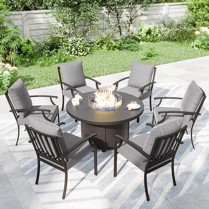 7 Piece Metal Outdoor Patio Furniture Set with 48" Round Propane Fire Pit, Outdoor Dining Table Set with 6 Fixed Chairs and 55000 BTU Outdoor Fire Pit, Grey
