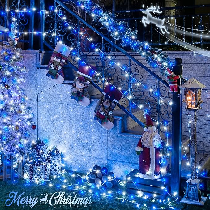 JMEXSUSS 163ft 500 LED Blue and White Christmas Lights with 8 Modes | String Lights Plug in with Remote Control, Clear Wire Christmas String Lights Outdoor Waterproof for Outside Tree Yard