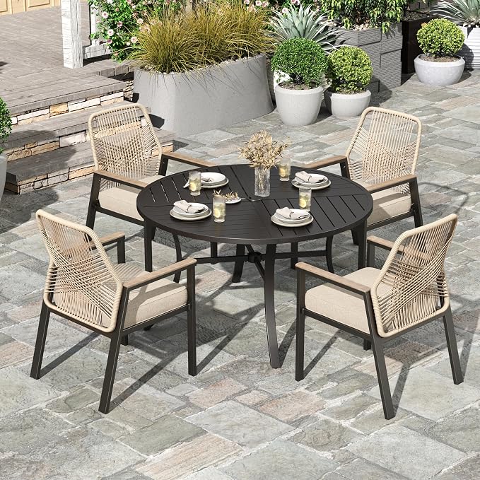 HERA'S HOUSE 5pc Patio Dining Set, 42" Round Table & 4 Rattan Chairs | Metal table with umbrella hole, cushioned chairs. Waterproof, rust-resistant, all-weather for backyard, porch.