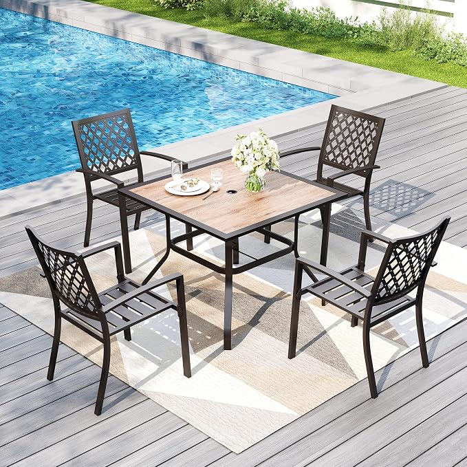 PHI VILLA Patio Dining Set for 4,4 Stackable Chairs&37" Square Metal Table | 37" Square Metal Table with Polywood Top & Stackable Wrought Iron Chairs, Outside Furniture for Patio, Deck, Porch, Backyard