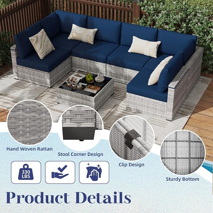KIGOTY Patio Furniture Set,7 Pieces Modular Outdoor Sectional Sofa, PE Rattan Patio Conversation Set, All Weather Wicker Patio Furniture with Cushions and Coffee Table（Grey White/Dark Blue）
