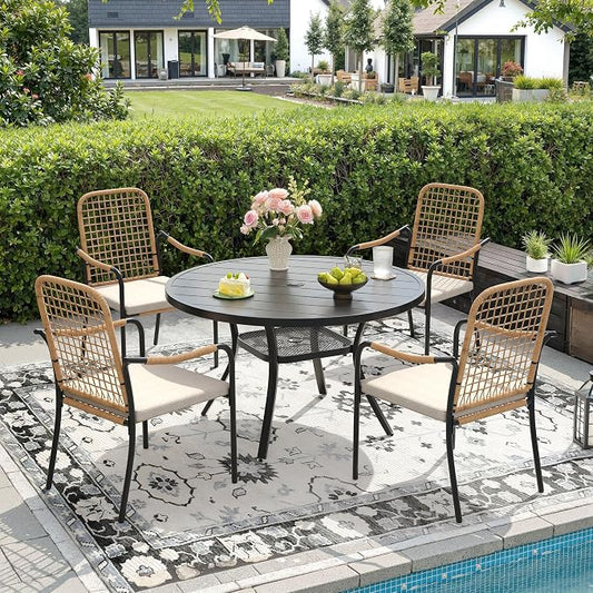 DIFY 5 Pieces Outdoor Dining Set for 4, 40.6" Round Dining Table with Umbrella Hole & Wicker Stackable Patio Chairs with Cushions, Metal Patio Table and Chairs Set for Backyard Porch Garden, Black