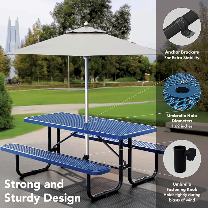 Commercial Heavy-Duty Metal Picnic Table - ADA Compliant, Adjustable Seats, Umbrella Hole, Expanded Metal (Blue, 6' Rectangular)