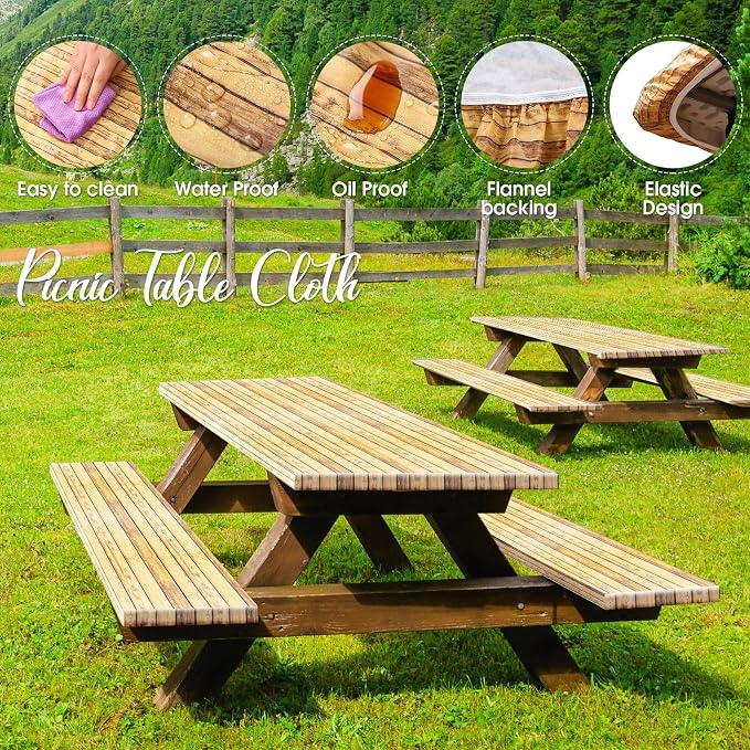 Boao 3 Pcs Vinyl Picnic Table Cover with Bench Cover 6 ft 30 x 72 Inch Waterproof Fitted Tablecloth Flannel Backing Rectangular Elastic Edged for Camping Outdoor Patio Travel(Wood Grain)