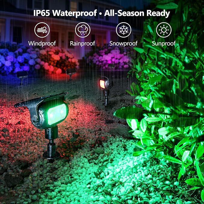 Brizled Solar Powered Outdoor Spot Light Color Changing Landscape Spotlight | RGB 9 Color & 11 Mode; 360° Rotation; IP65 Waterproof; Adjustable Height; Stake or Wall Mounted for Yard Tree Garden Pathway
