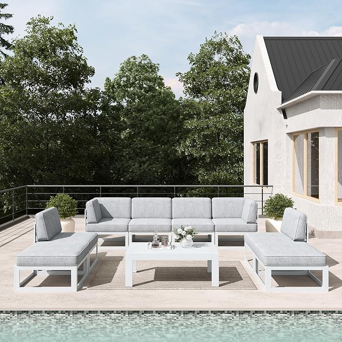 LayinSun 9 Pieces Modern Aluminum Patio Furniture Set with Coffee Table, Outdoor Modular Sectional Conversation Set L-Shaped Sofa for Backyard