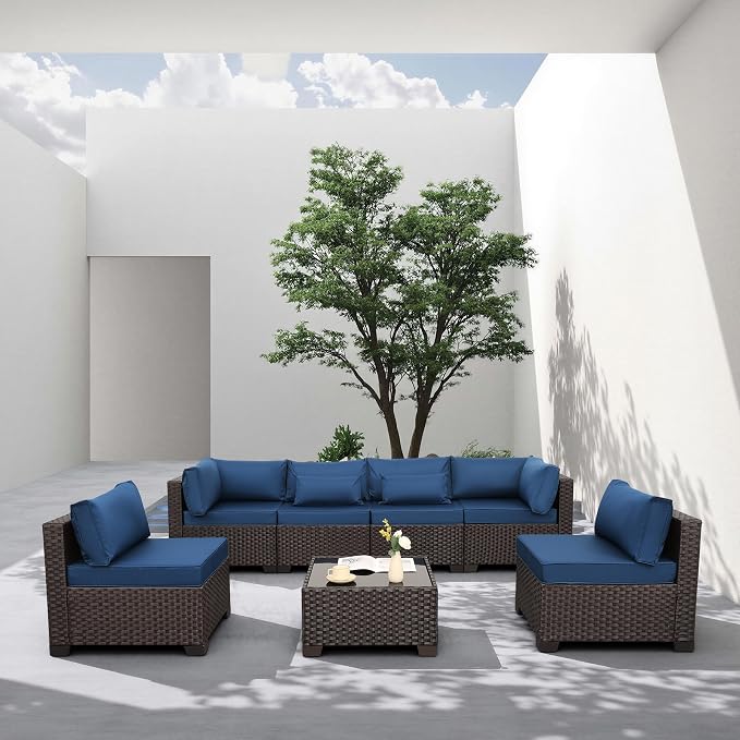 Rattaner Outdoor Sectional Sofa Set 7 Pieces Wicker Patio Furniture Couch Glass Table with Non-Slip Cushions Furniture Cover, Navy Blue