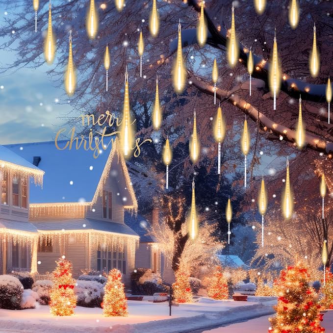 Brightown Meteor Shower Lights Outdoor, 16Inch 20 Tube 720 LED Icicle Light | Waterproof Meteor Christmas Light Outdoor, Hanging Falling Rain Light for Tree Bushes Holiday Party Yard Decor, Warm White