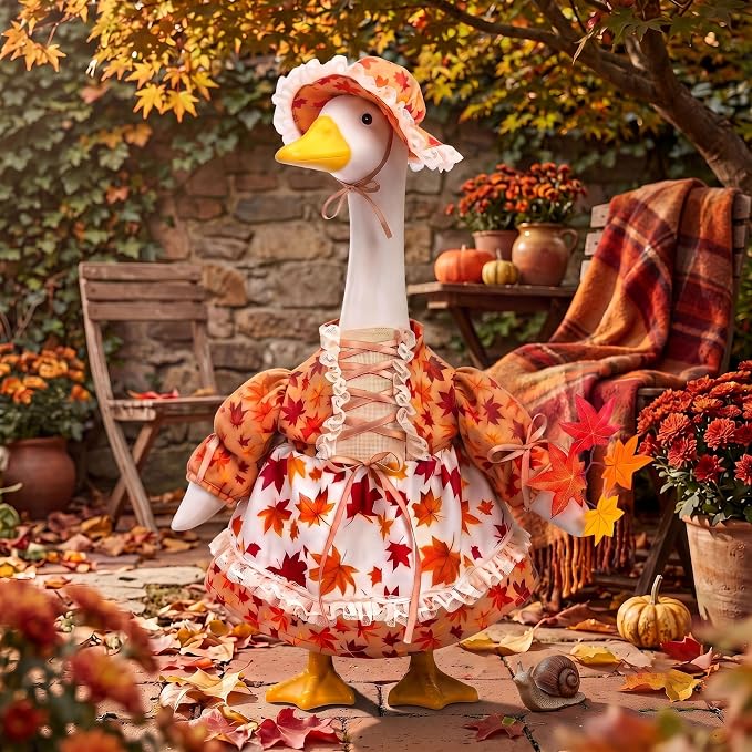 Fall Porch Goose Outfits Fits 23" Cement Plastic Statue Maple Goose Clothes for Autumn Day Outdoor Garden Yard Patio Statue Art Decor