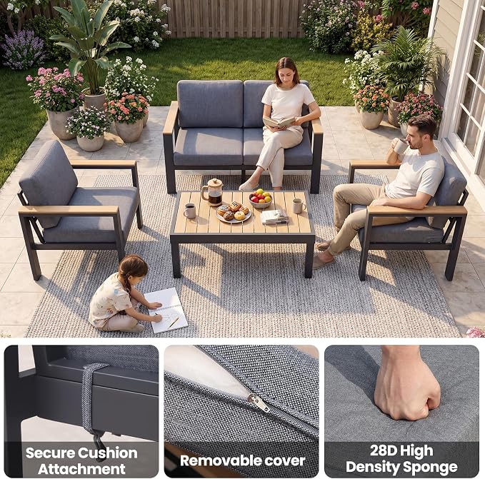 3-Seat Aluminum Outdoor Sofa, 1-Piece Powder-Coated Patio Sectional Sofa with 1.5mm Thick Frame, Anti-Hot Armrest & Waterproof Removable Cushions, Large Outdoor Couch for Backyard Courtyard Grey