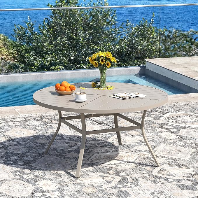 DIFY 7 Piece Outdoor Dining Set for 6, 50" Round Metal Dining Table with Umbrella Hole and Swivel Patio Chairs with Textilene Fabric, Patio Table and Chairs Set for Garden Backyard Deck, Sandshell