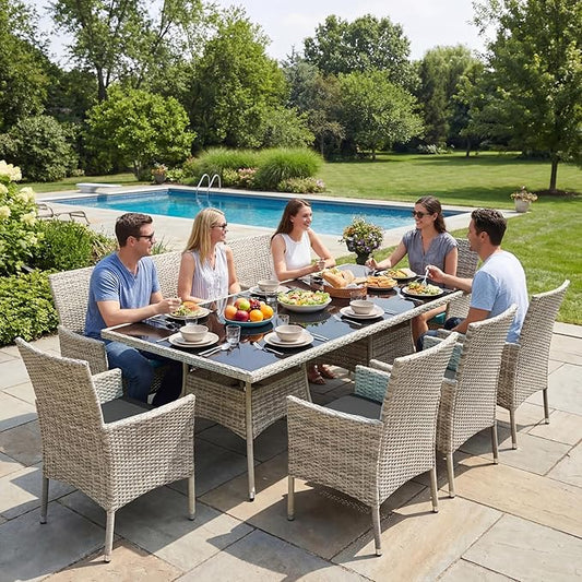 10-Piece Patio Dining Set, Patio Furniture Set with Square Tempered Glass Table & 8 Wicker Chairs, Expandable Design for Larger Groups, Outdoor Furniture for Backyard, Deck, Garden, Dark Grey