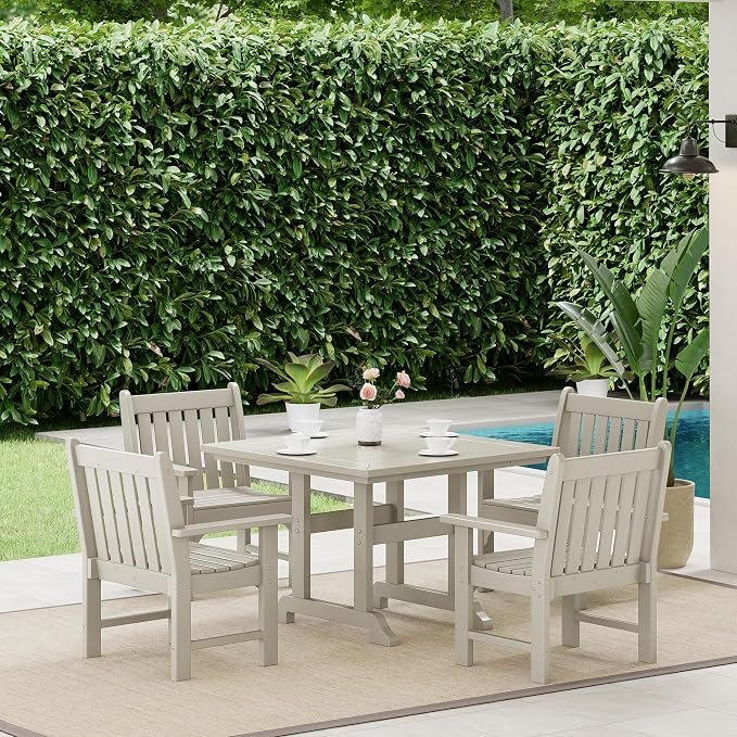 Costaelm Square Outdoor Dining Tables, 43'' Patio Table with Umbrella Hole for 4 Person, Balcony Outdoor Buffet Porch for Outside Lawn Porch Bistro Furniture, Sand