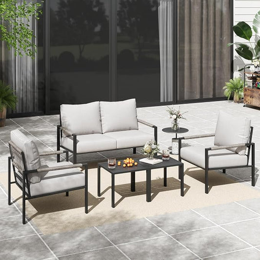 5 Pieces Rattan Outdoor Furniture Set, All-Weather Patio Conversation Set with Warm Grey Cushions and Coffee Tables for Garden, Backyard, Balcony, Poolside